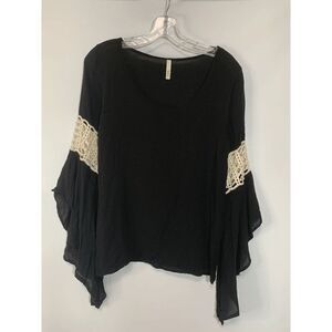 Elan Womens Blouse Bell Sleeves Perforated Black Small